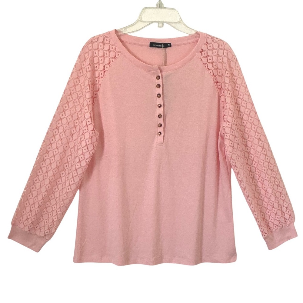 Minetom Womens XL Pink Lace Sleeve Henley Top Long Sleeve NWT Casual Blouse